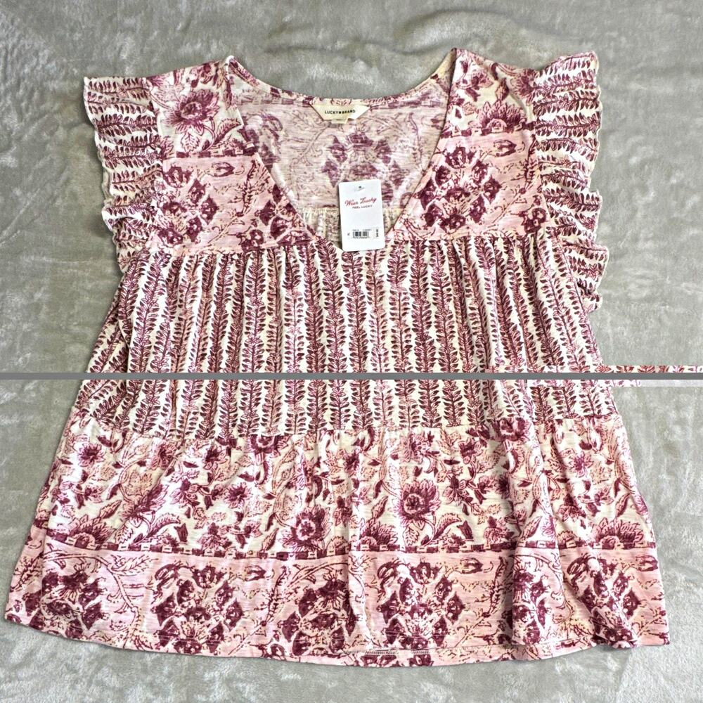 Lucky Brand NEW Womens Top XL Pink Purple Floral V-Neck Ruffle Sleeve Cotton